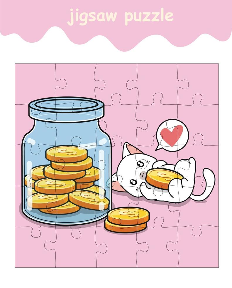 jigsaw puzzle game of cat is loving coins vector