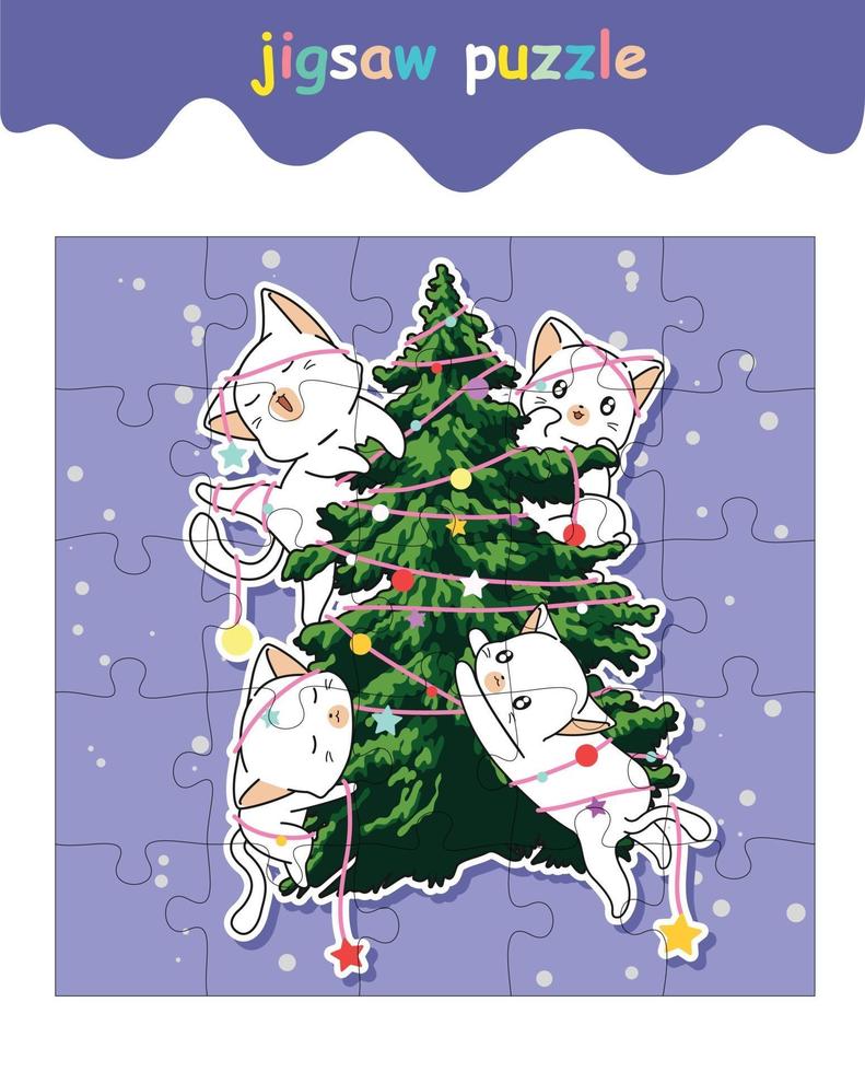 jigsaw puzzle game of adorable cats with Christmas tree vector