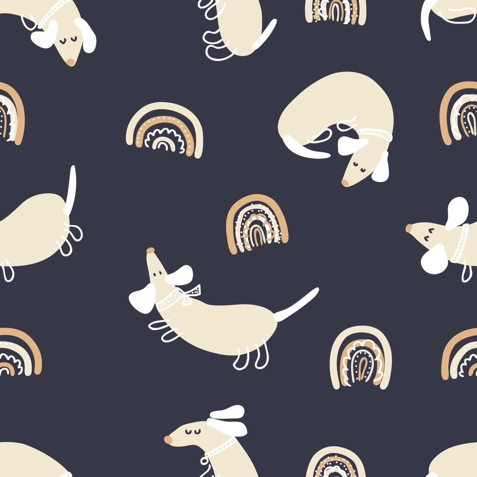 Night summer vector seamless pattern of dachshunds and rainbows