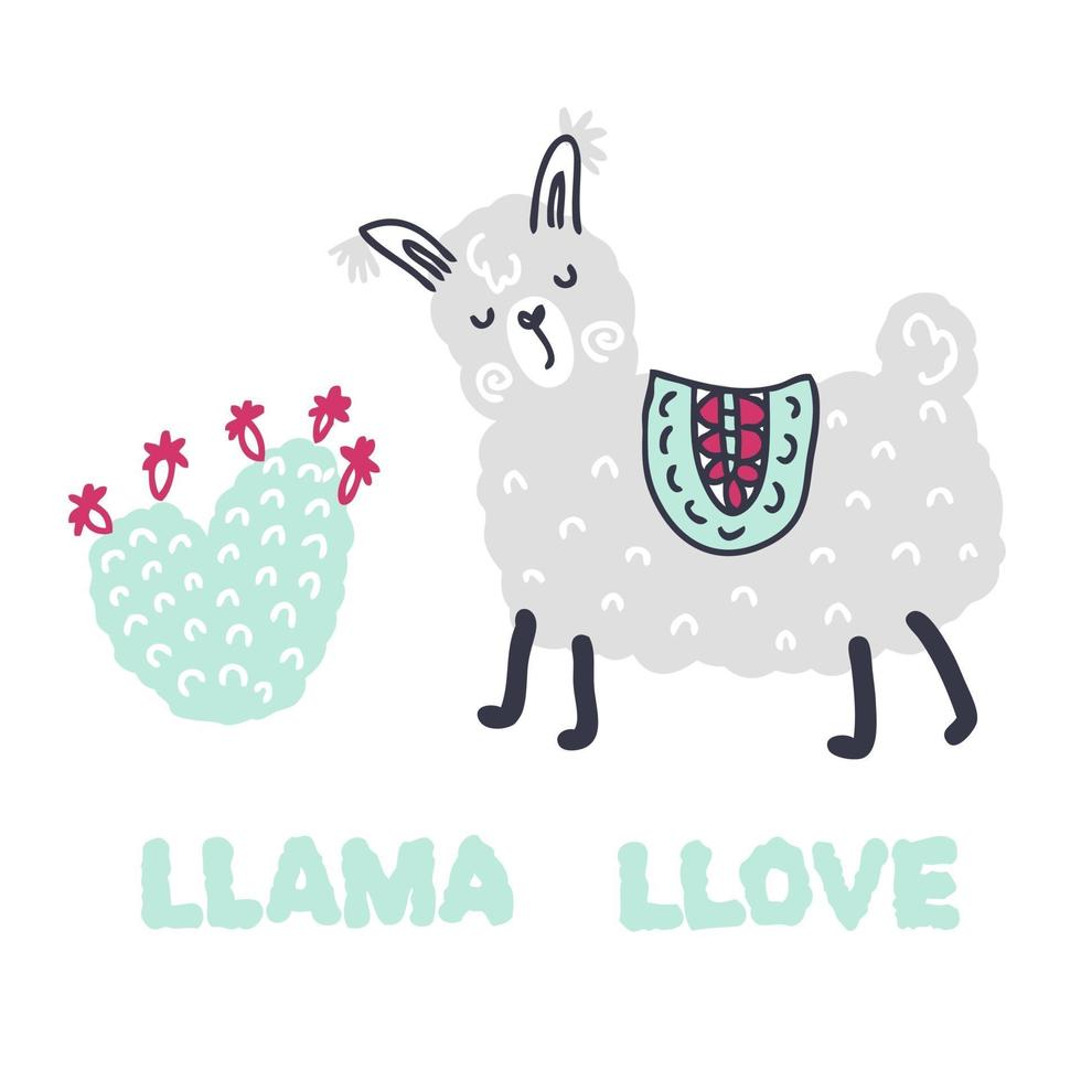 Ilustración de vector dibujado a mano de lindo lama y cactus