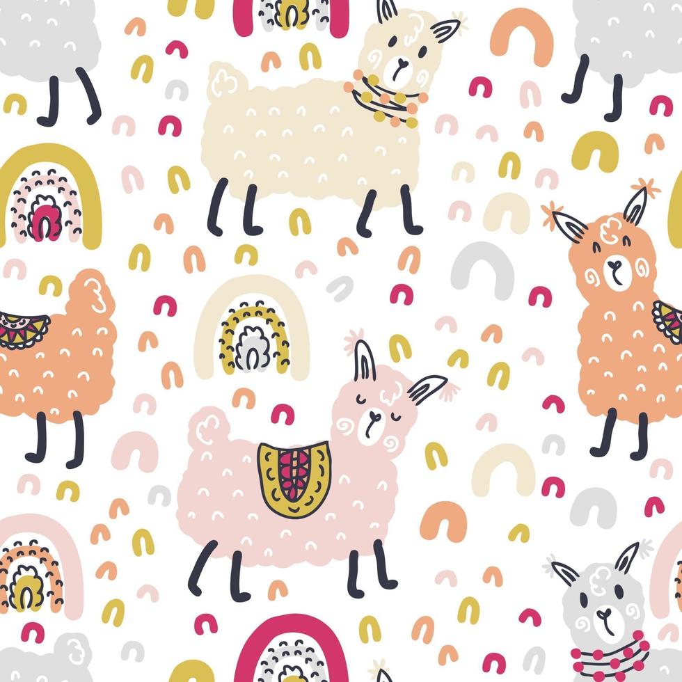 Free hand drawing vector seamless pattern of lamas and rainbows