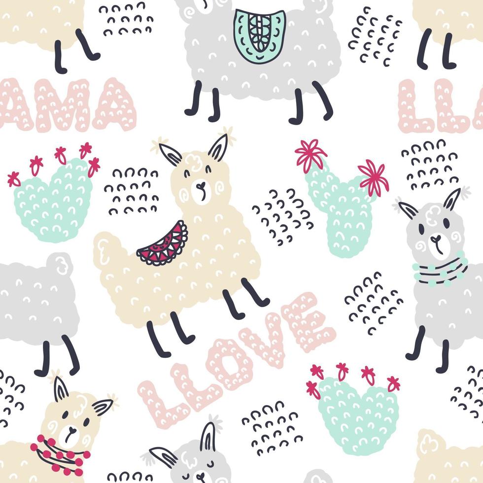 Pastel colored seamless pattern of lamas and cactuses vector