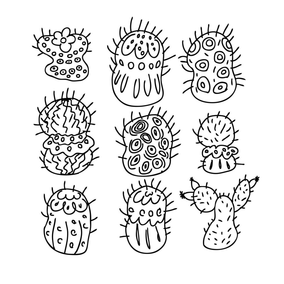 Doodle vector collection of cacti in monochrome