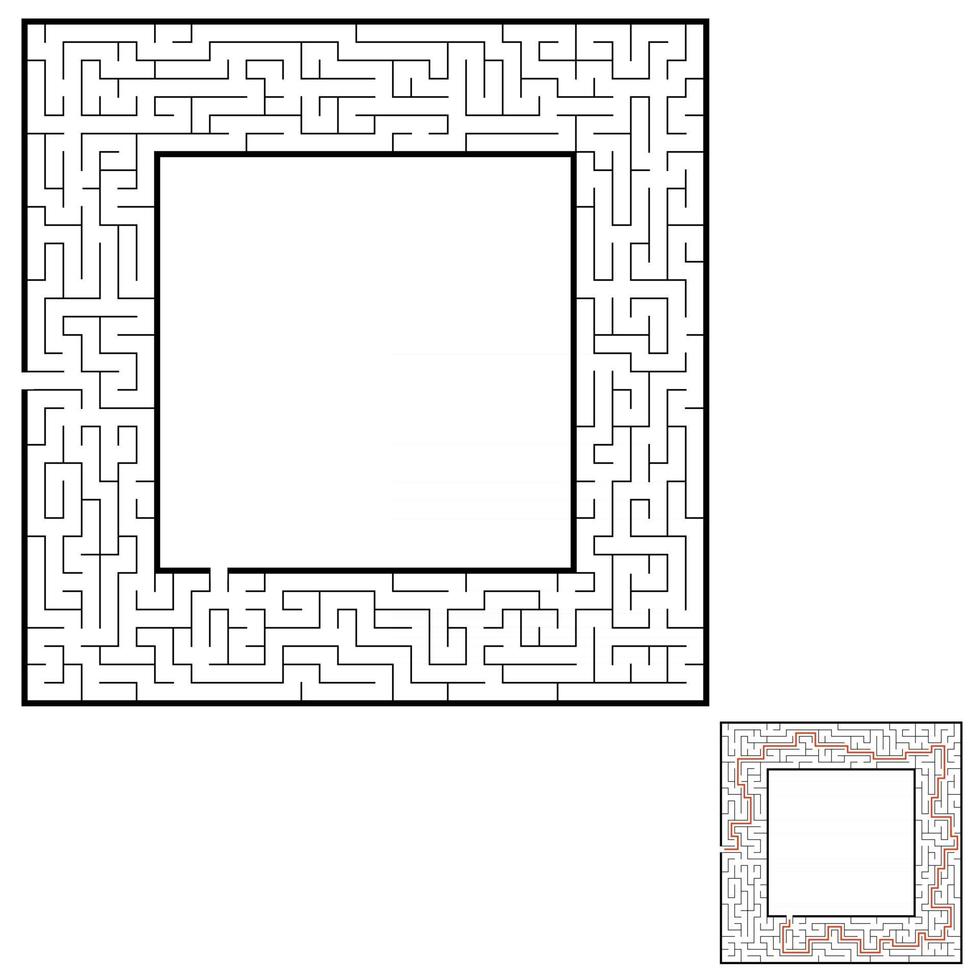 Abstract square maze. Game for kids. Puzzle for children. Labyrinth conundrum. Flat vector illustration isolated on white background. With answer. With place for your image.