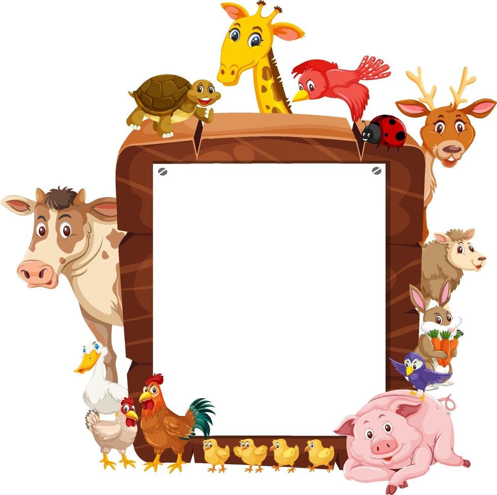 Empty wooden frame with various farm animals vector