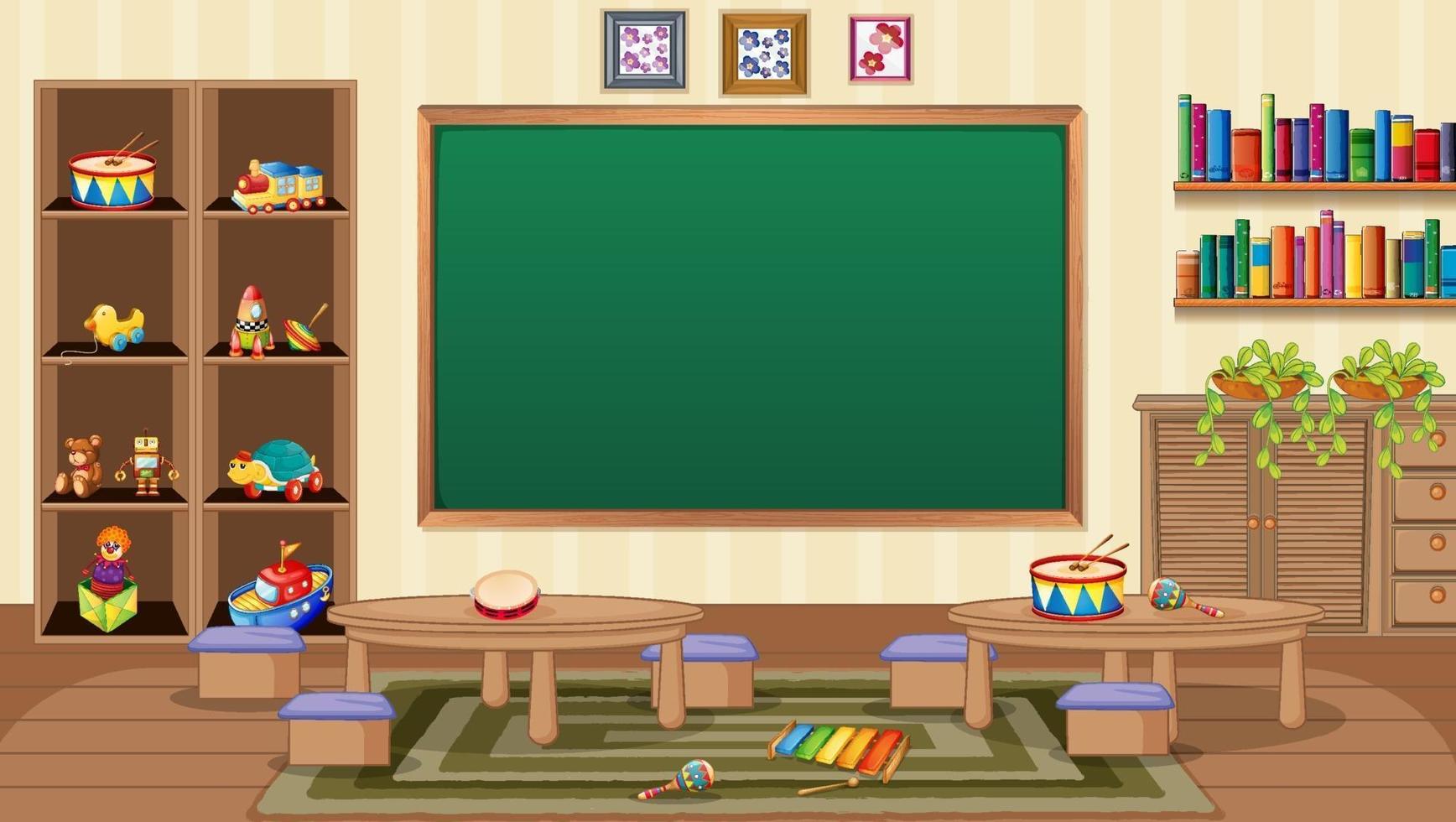 Empty classroom scene with interior decoration and objects vector
