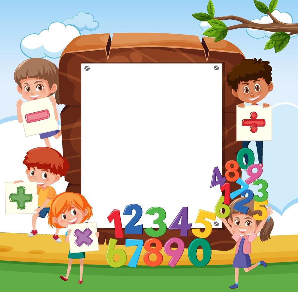 Empty wooden frame with school kids and math objects vector