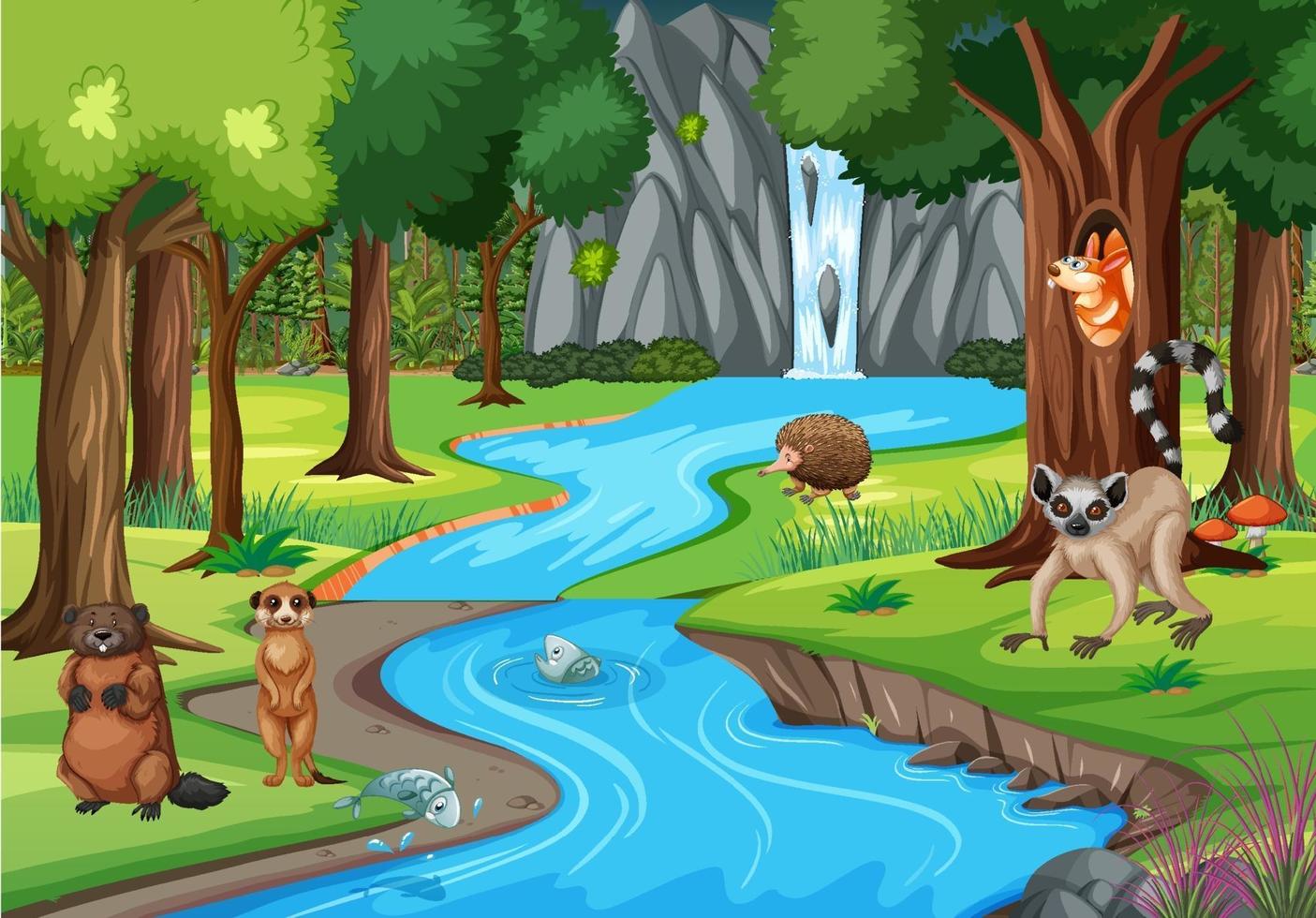 Escena de la naturaleza con un arroyo que fluye a través del bosque con animales salvajes. vector