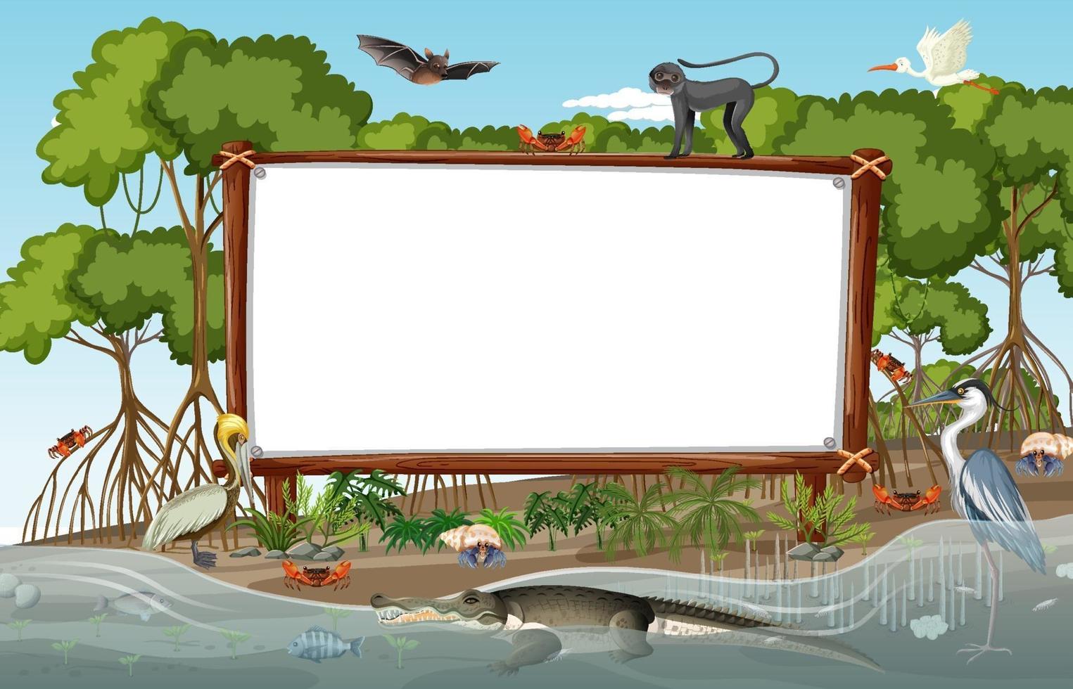 Empty banner in mangrove forest scene with wild animals vector