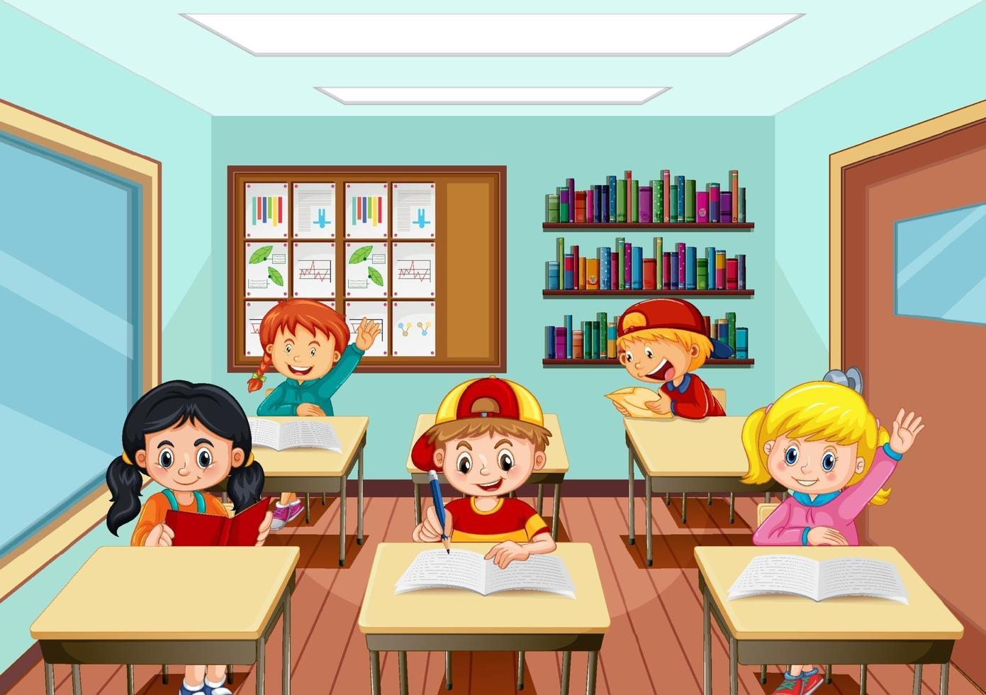 escena con muchos niños estudiando en el aula. vector