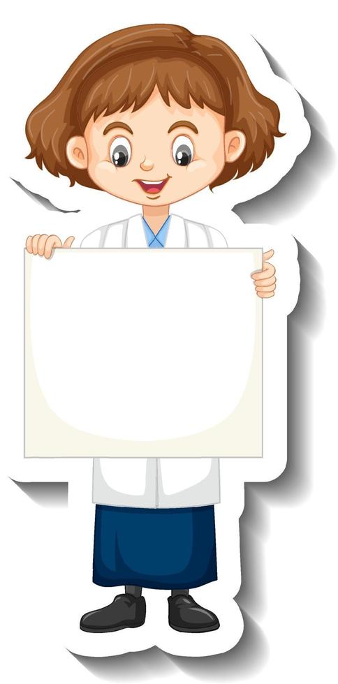 pegatina de personaje de dibujos animados con chica científica sosteniendo tablero vacío vector