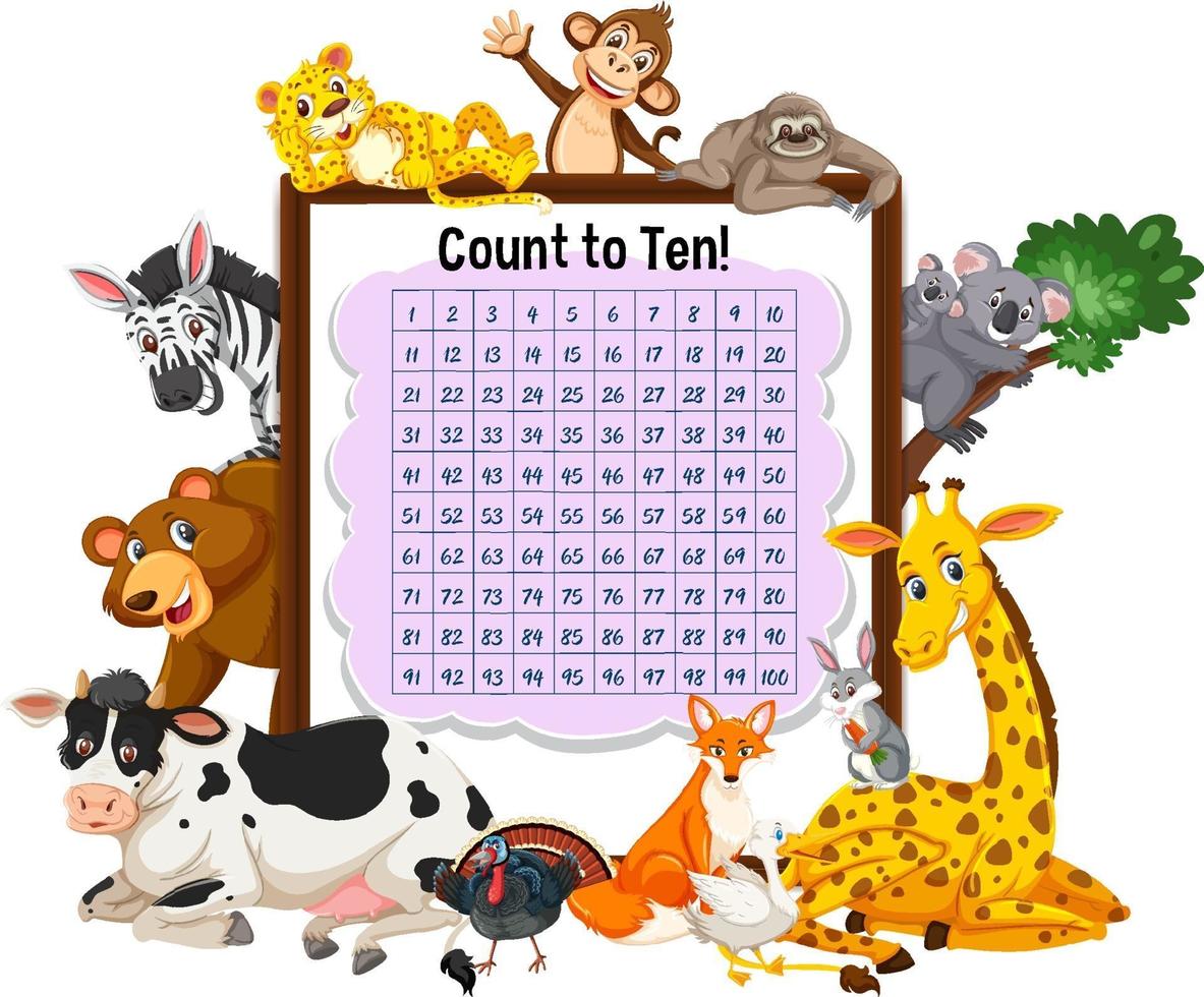 Counting number 1-100 board with wild animals 3112354 Vector Art at Vecteezy