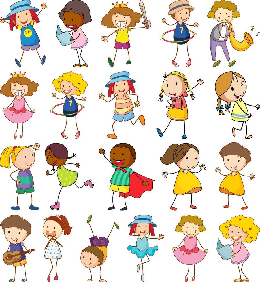 conjunto de diferentes niños en estilo doodle vector