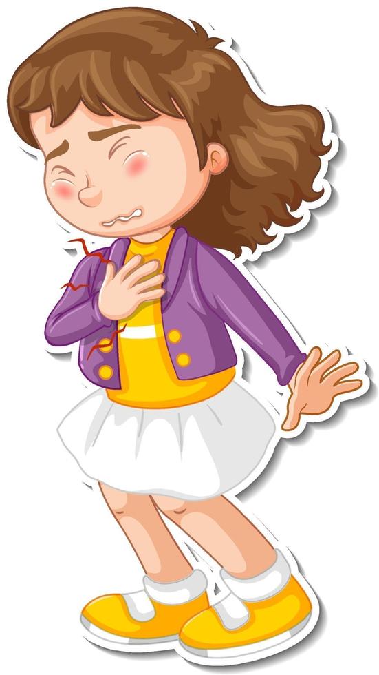 Sticker design with a girl feeling chest pain cartoon character vector