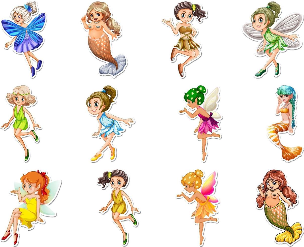 Set of stickers with beautiful fairies and mermaid cartoon character vector