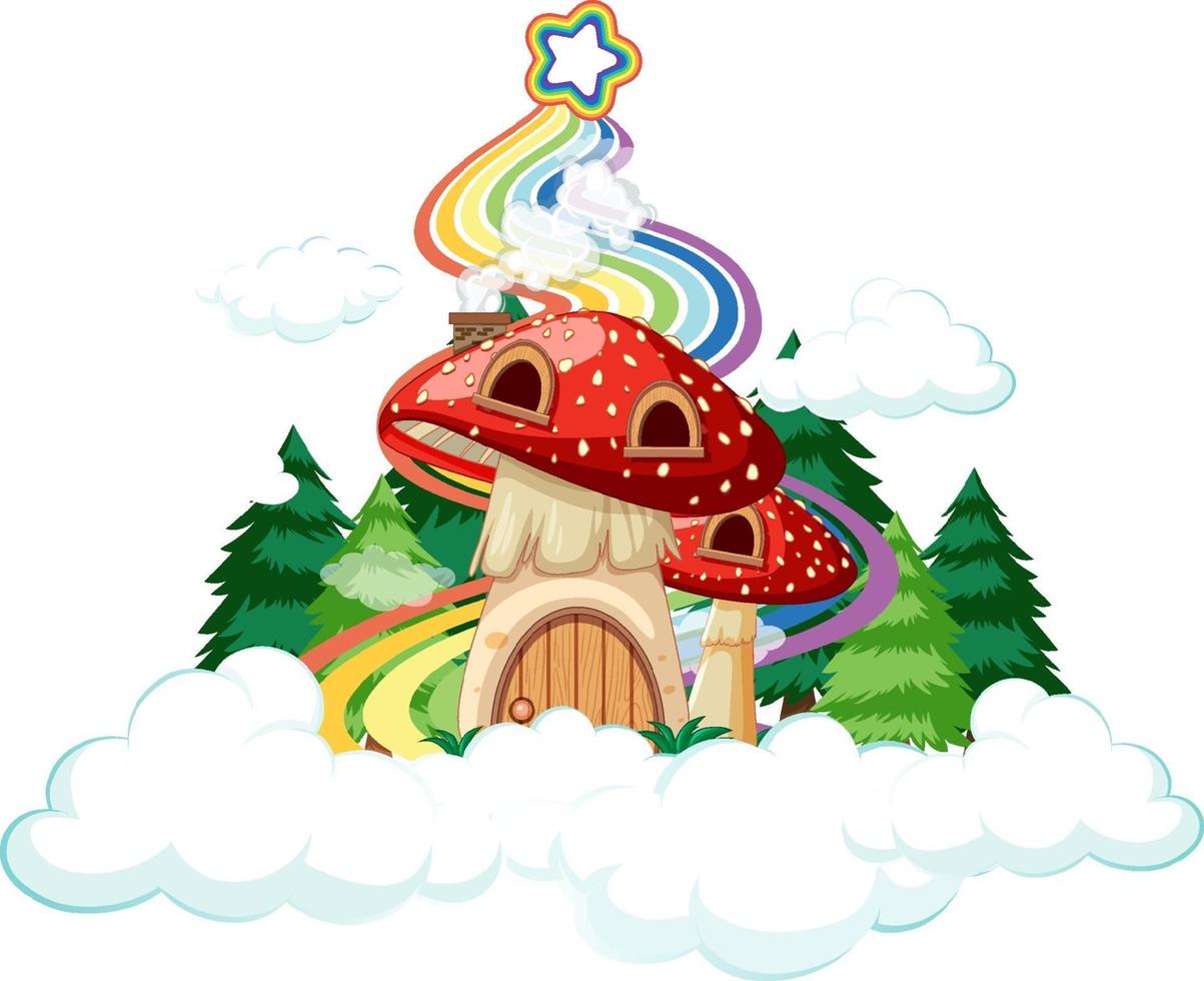 Mushroom house on the cloud with rainbow vector