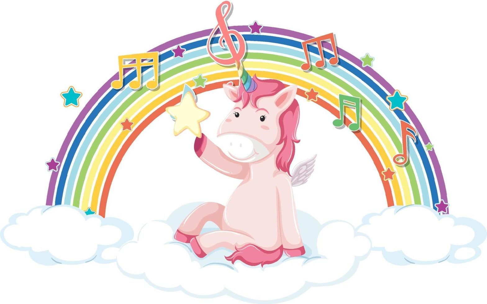 unicornio sentado en la nube con arco iris y símbolo de melodía vector
