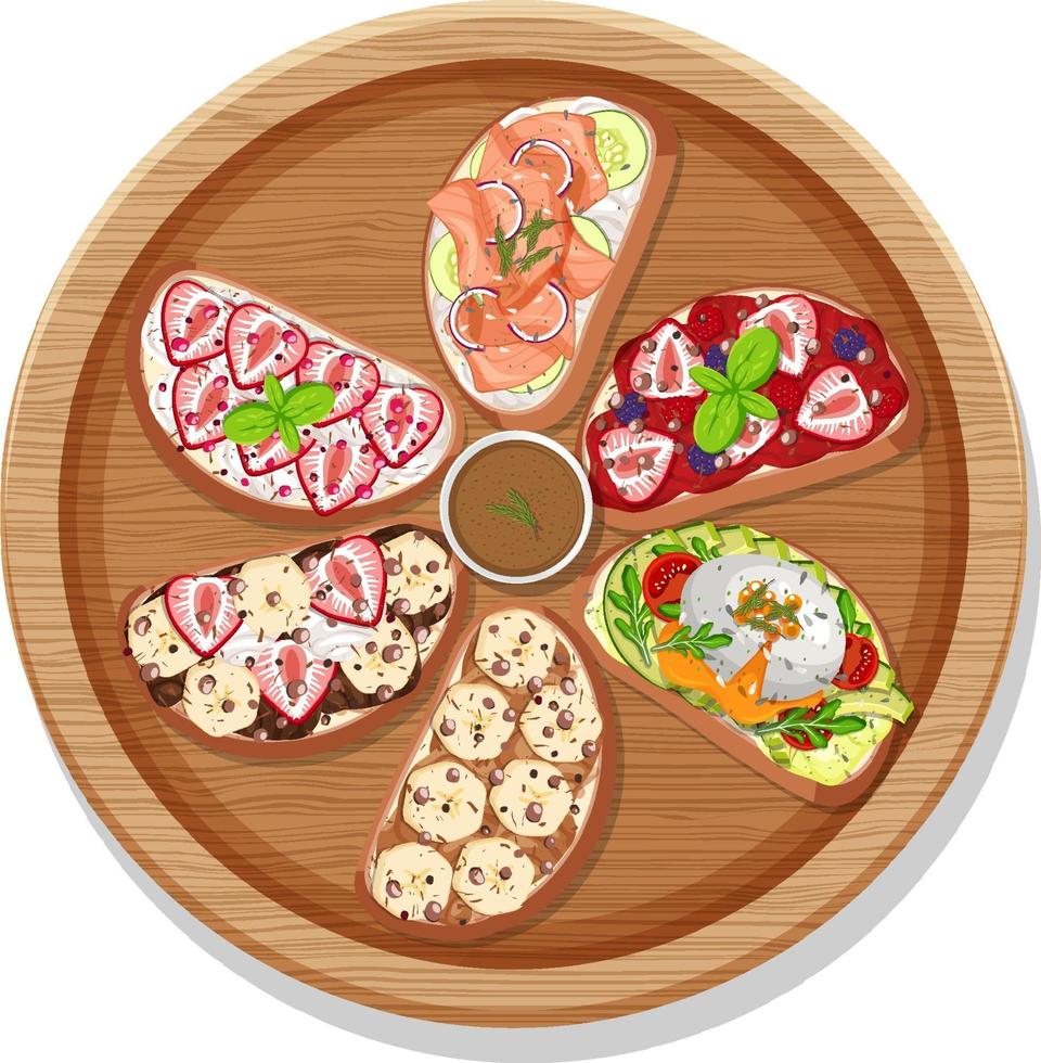 Top view of different bruschetta on a round plate isolated vector