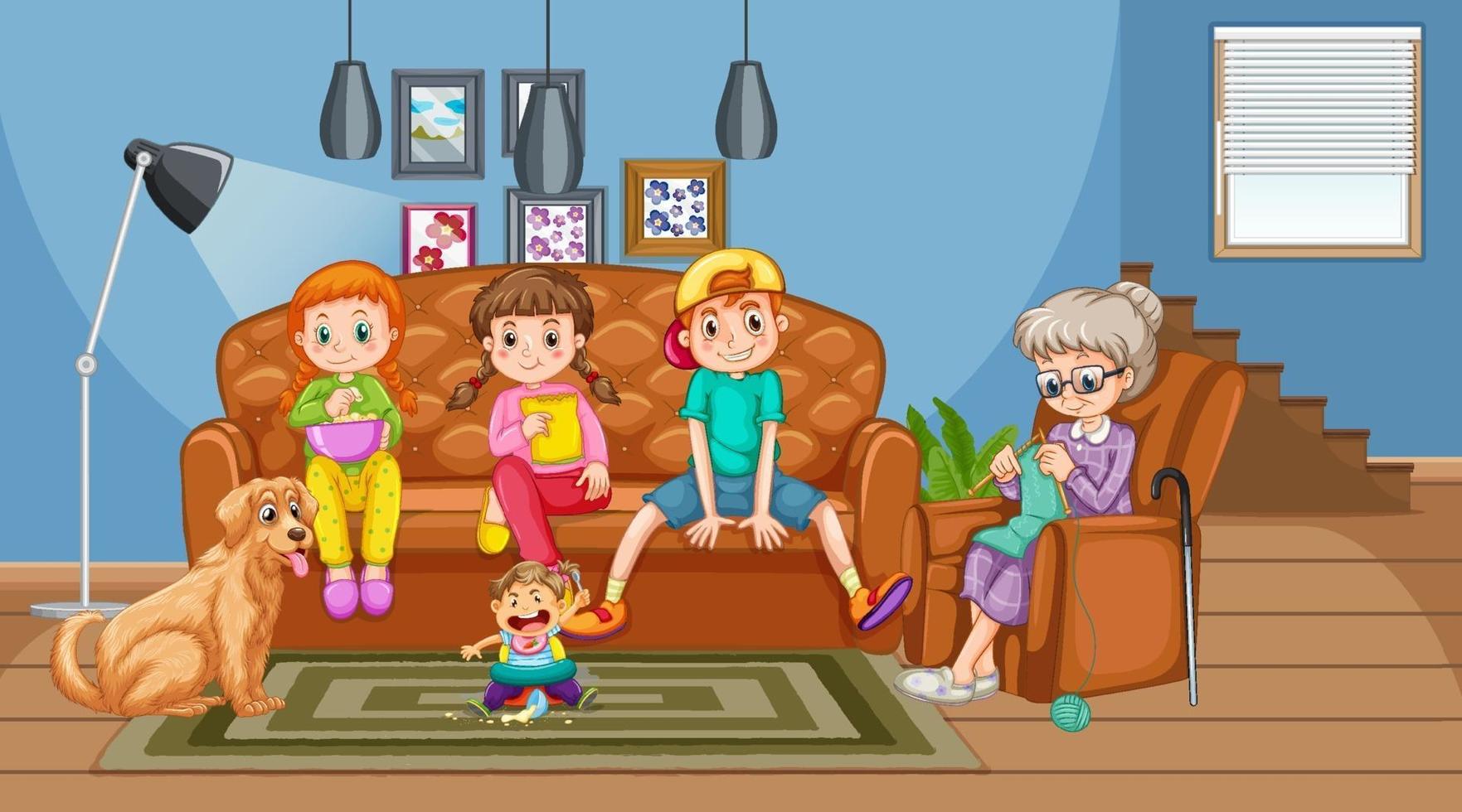 abuela con nietos en la escena de la sala de estar vector