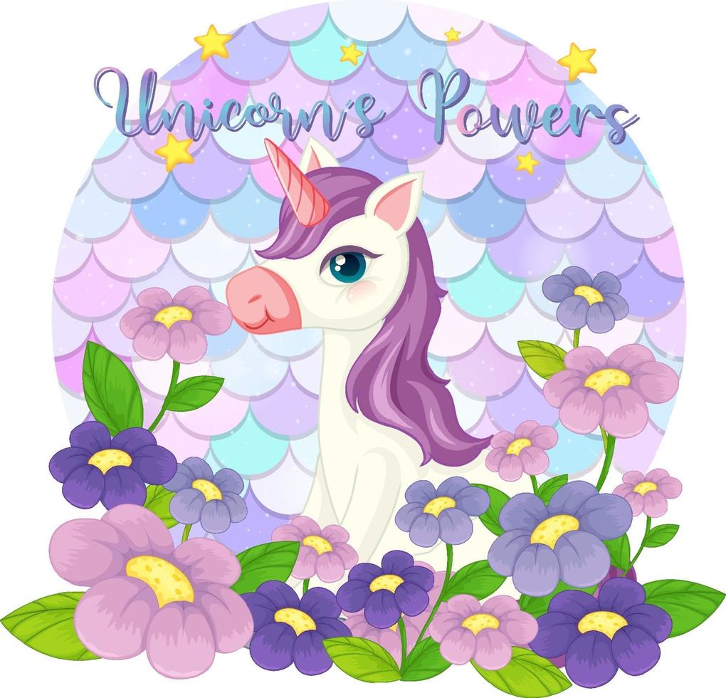 Lindo personaje de dibujos animados de unicornio sobre fondo de escalas pastel aislado vector