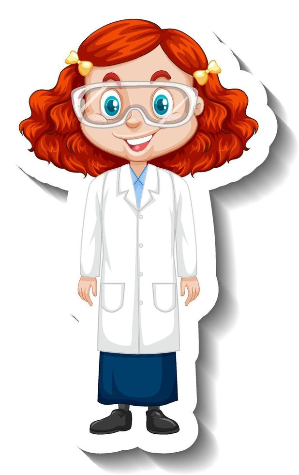 pegatina de personaje de dibujos animados con una chica en bata de ciencia vector