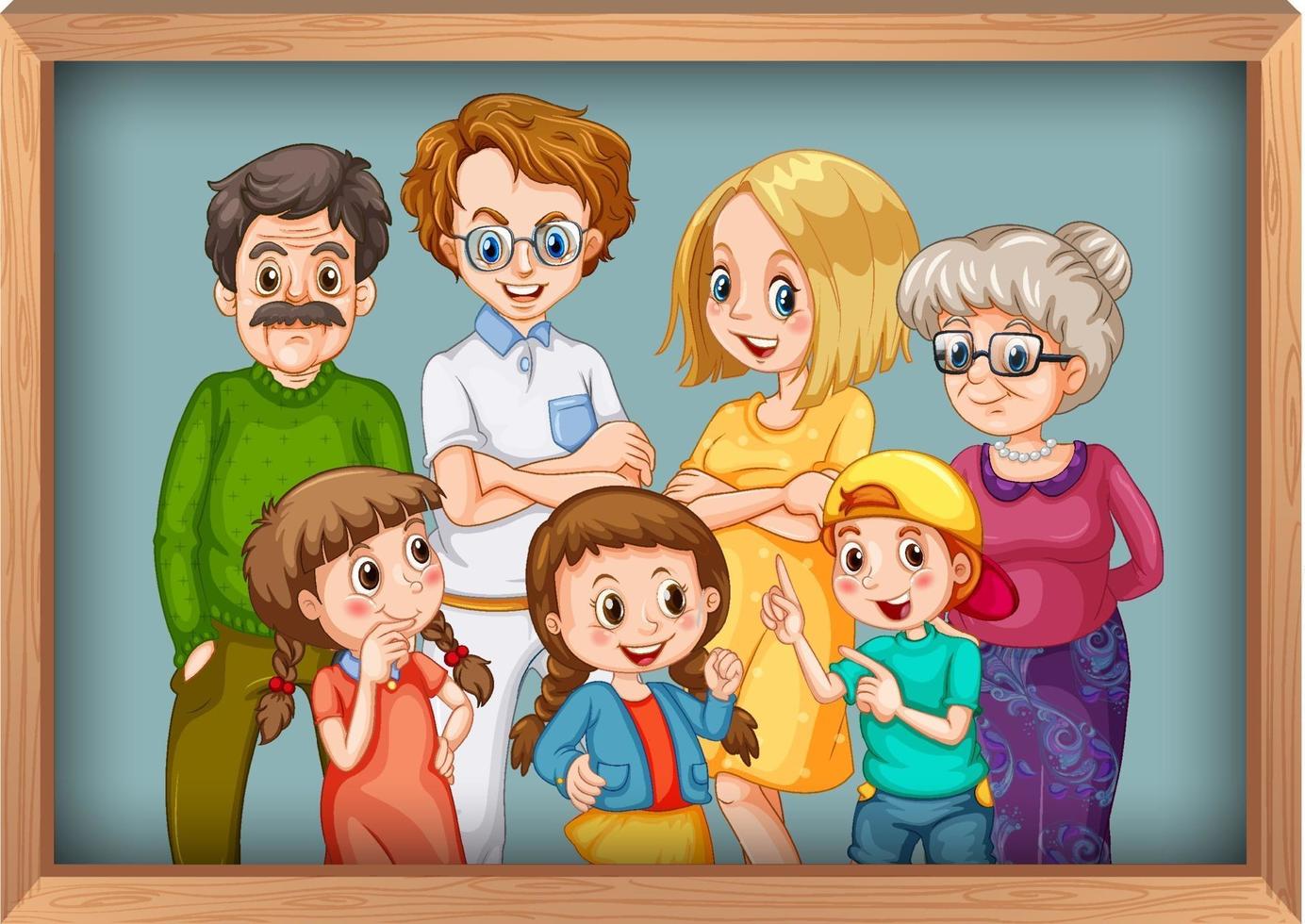 feliz gran foto de familia en marco de madera vector