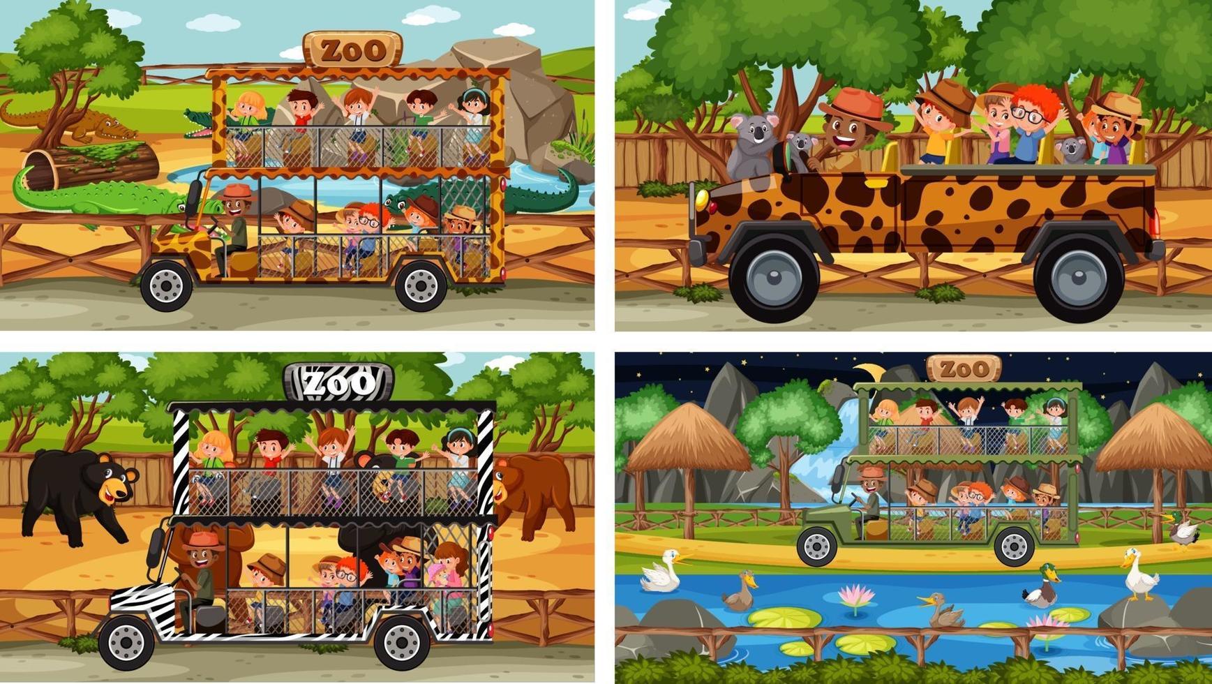 Set of different animals in safari scenes with kids vector