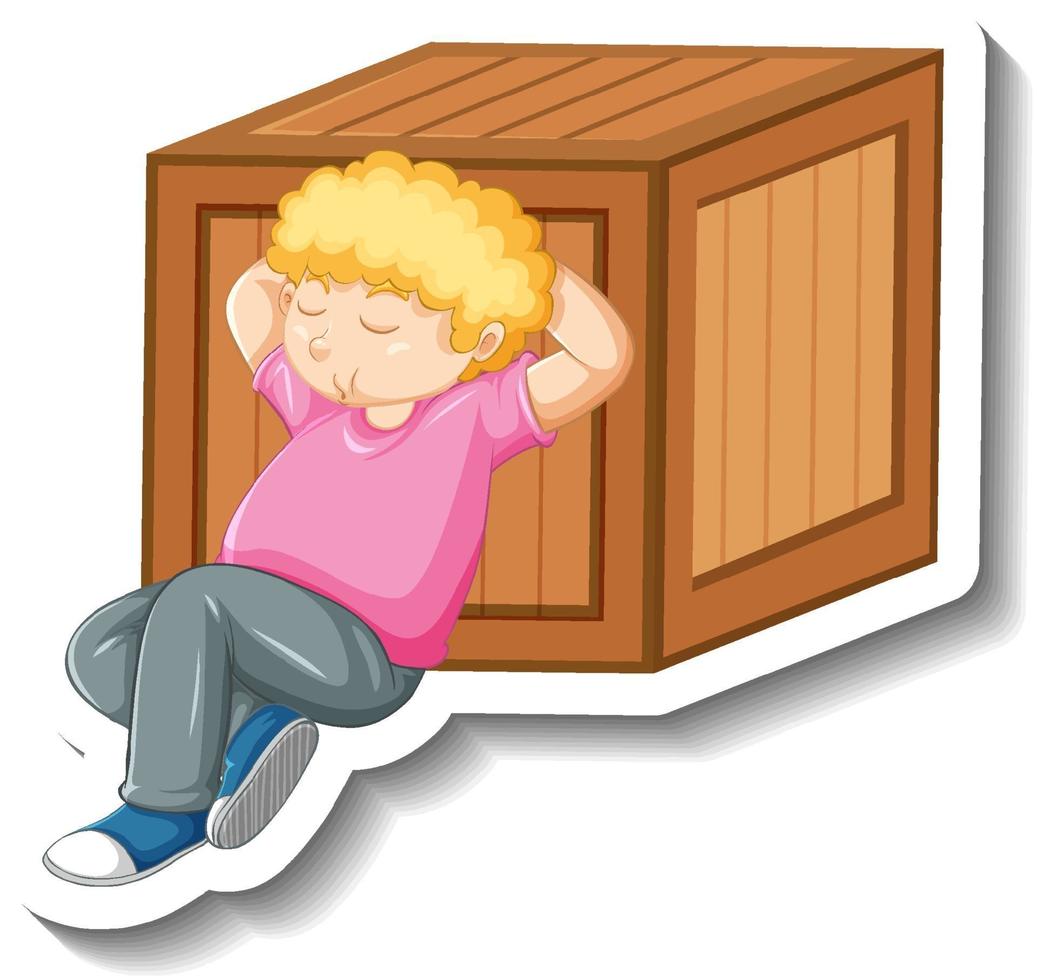 A boy napping beside wooden box on white background vector