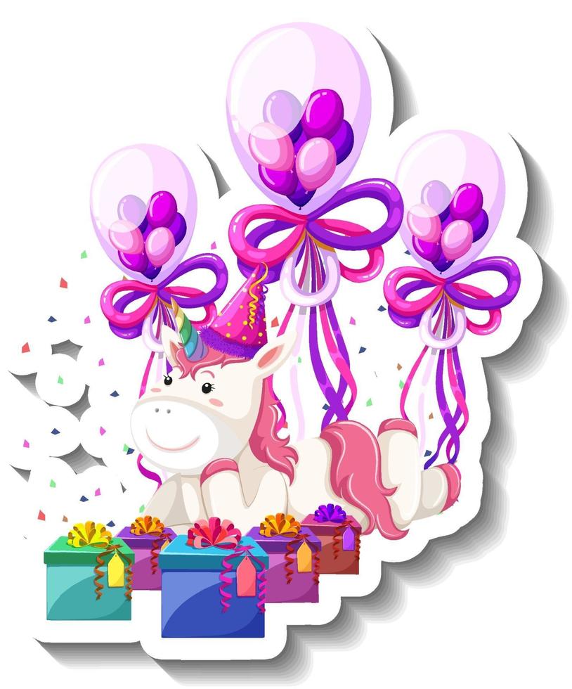 Happy unicorn with gift box and confetti rainbow vector