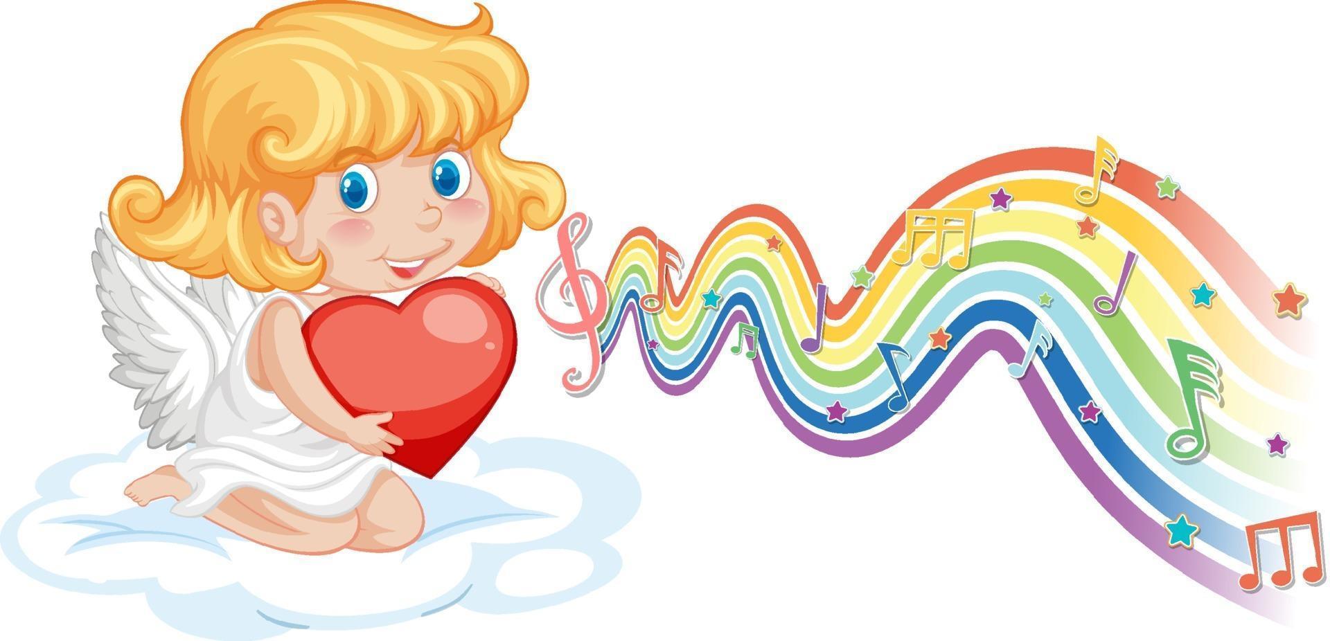 Cupid girl holding heart with melody symbols on rainbow wave vector