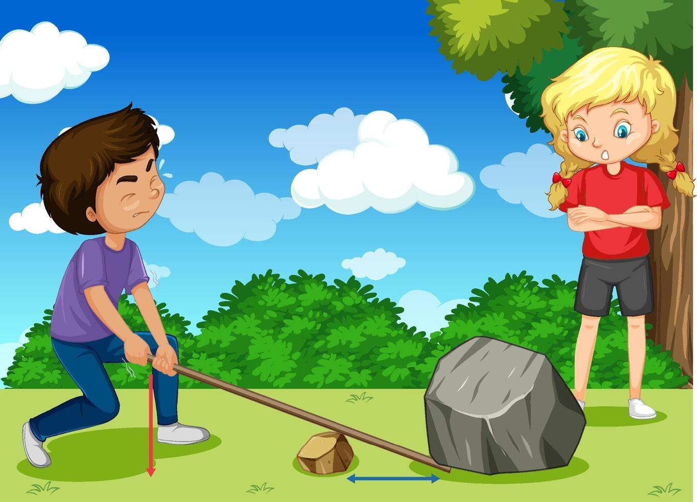 Simple machine with children doing lever experiment vector
