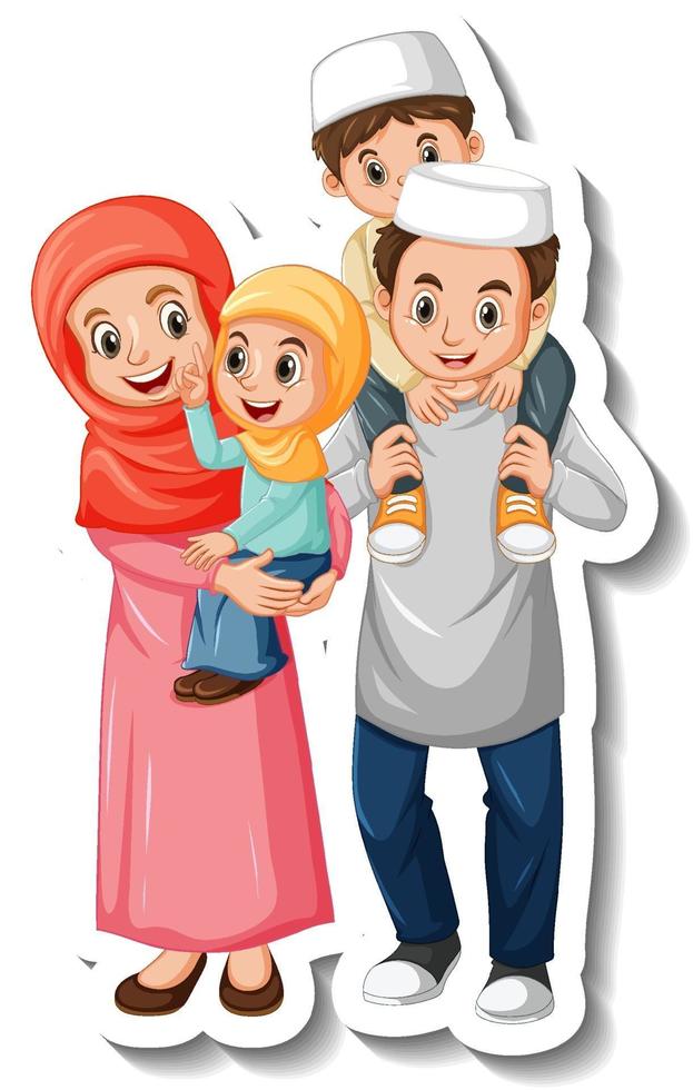 Sticker template with Muslim family cartoon character vector