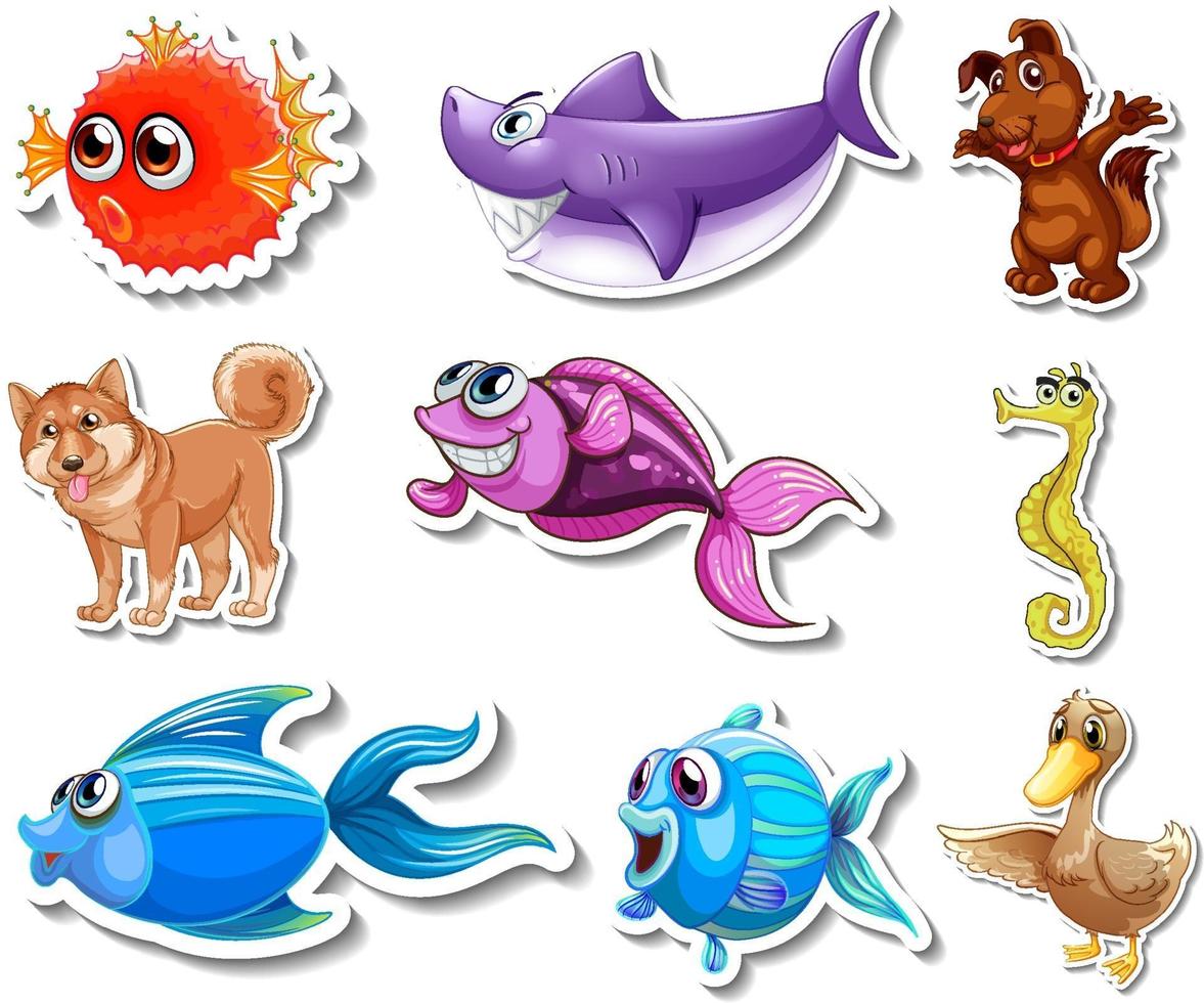 Set of stickers with sea animals and dogs cartoon character vector