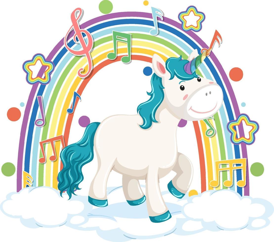 Unicorn standing on cloud with rainbow and melody symbol vector