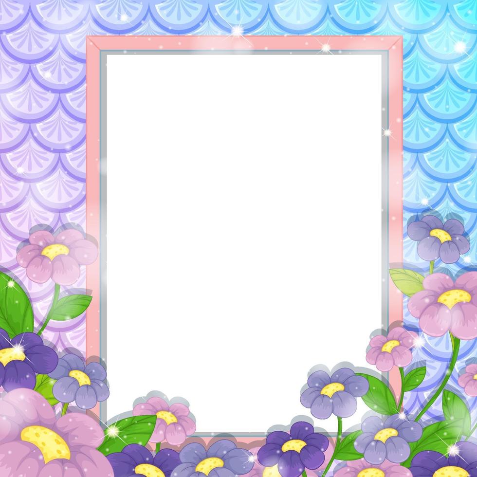 Blank banner on rainbow fish scales background with many flowers vector
