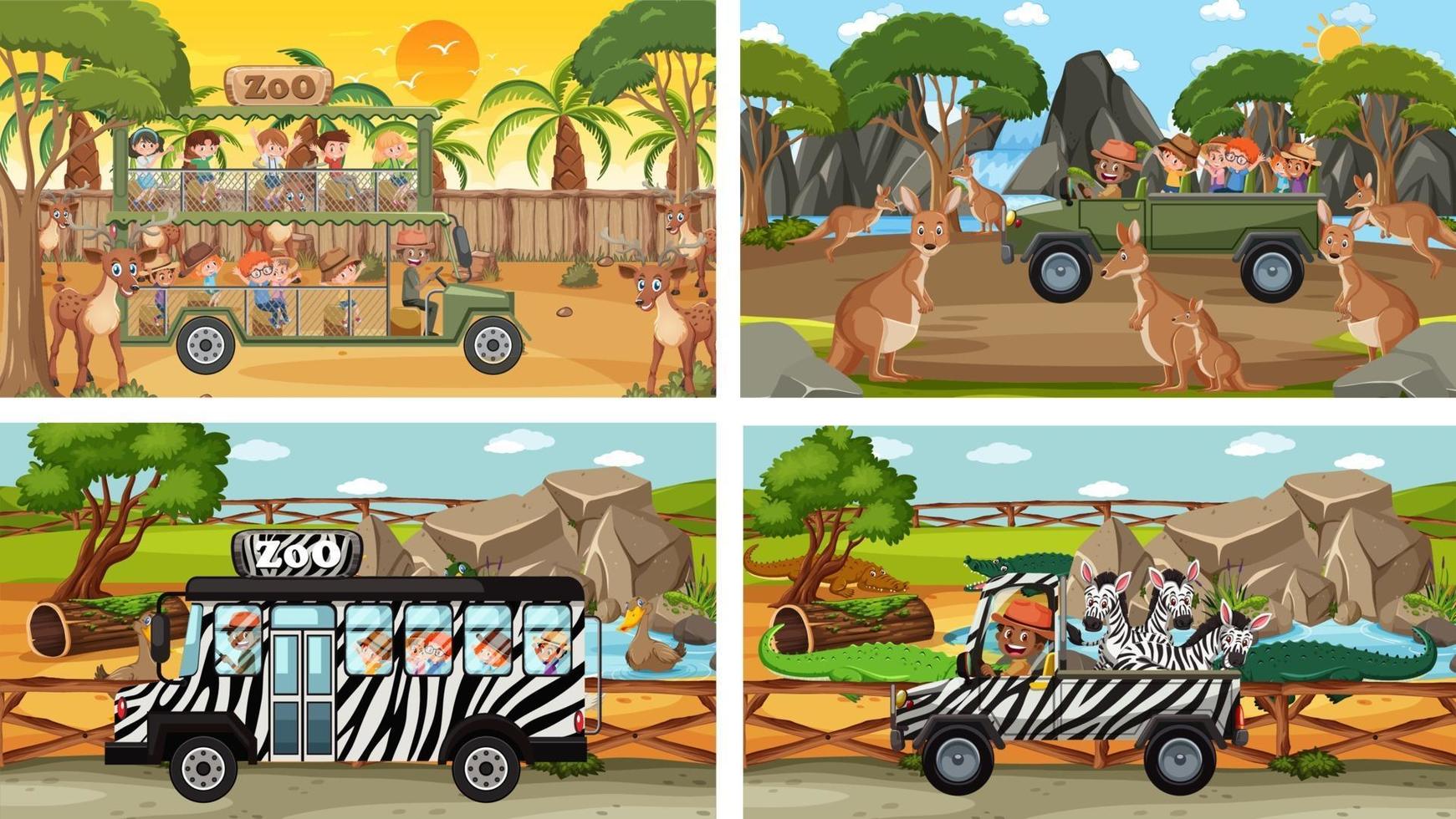 Set of different safari scenes with animals and kids cartoon character vector