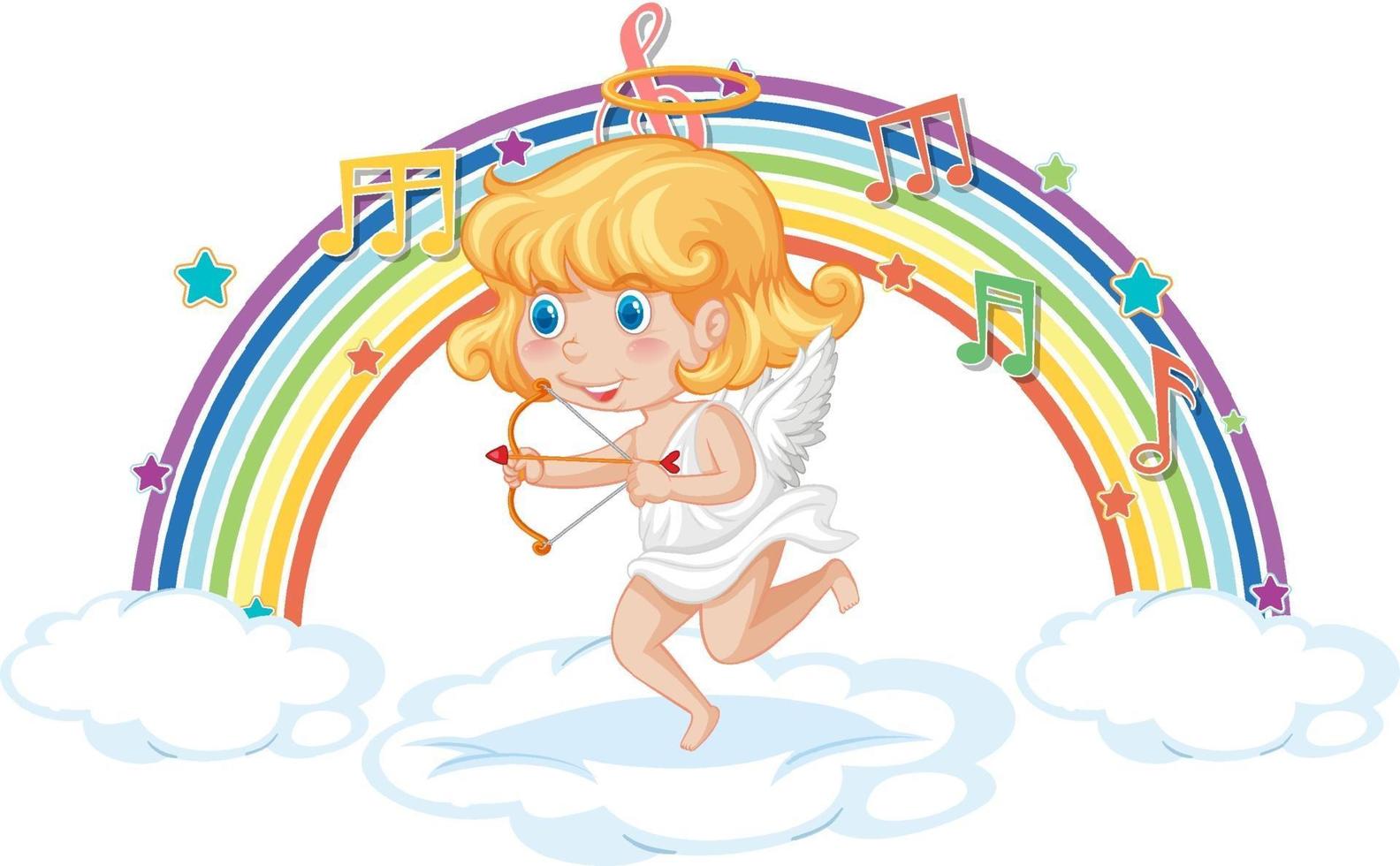 Cupido niña sosteniendo la flecha y el arco con símbolos de melodía en el arco iris vector