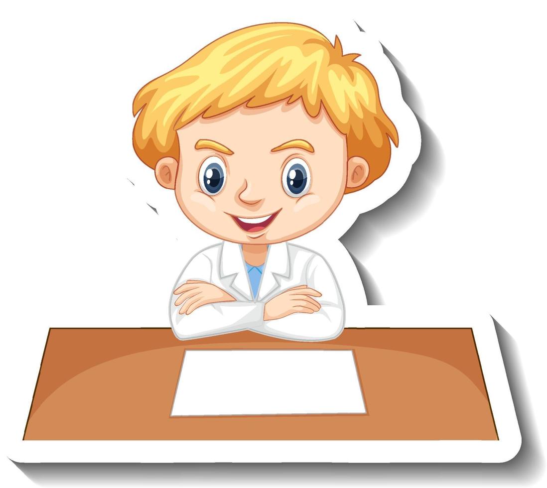 Boy in scientist outfit writing on empty desk vector