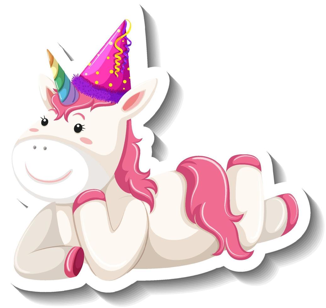 lindo, unicornio, acostado, pose, blanco, plano de fondo vector