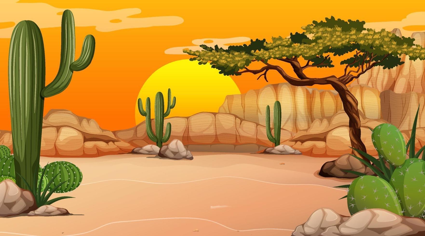 paisaje de bosque desértico en la escena del atardecer con muchos cactus vector