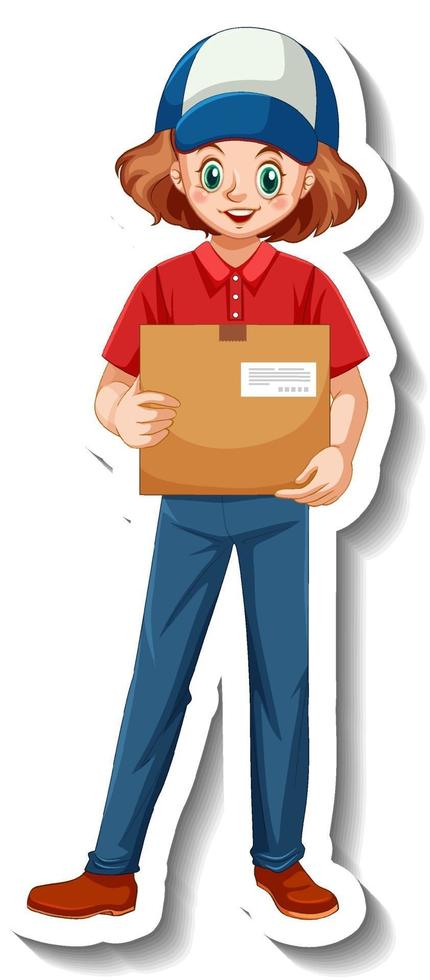 A sticker template with delivery woman in uniform holding boxes vector