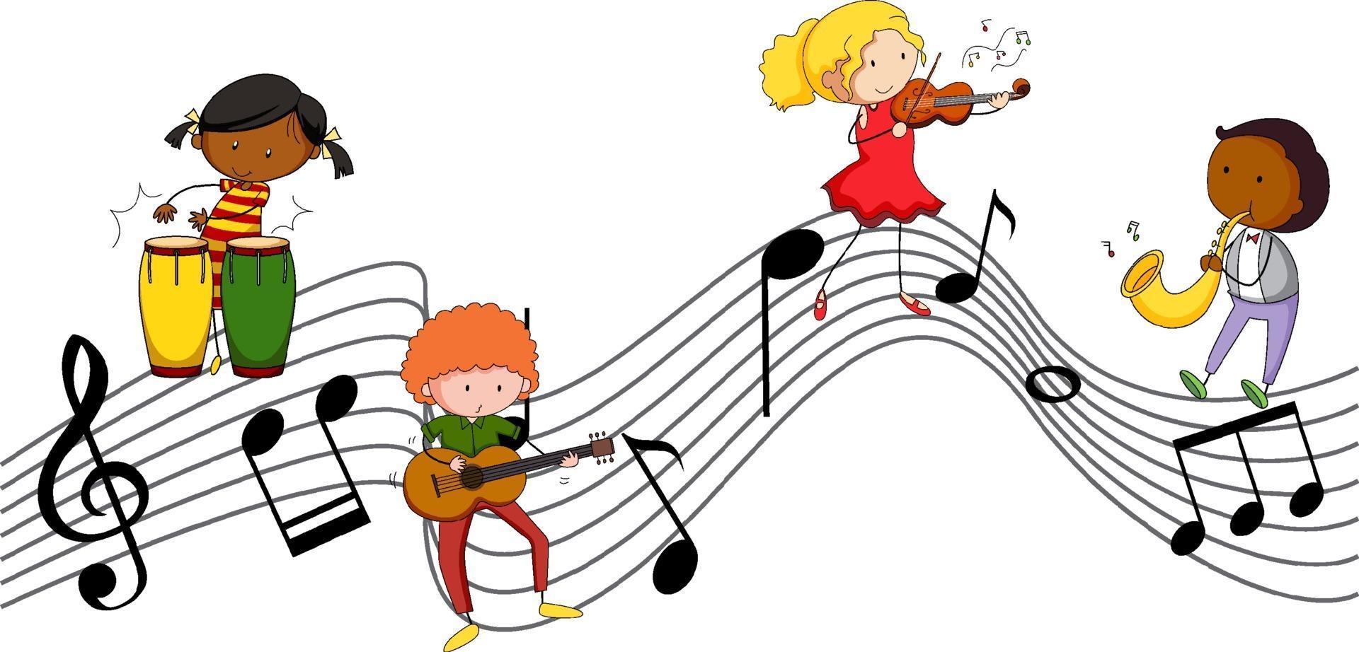 Símbolos de melodía musical con muchos personajes de dibujos animados de niños doodle vector