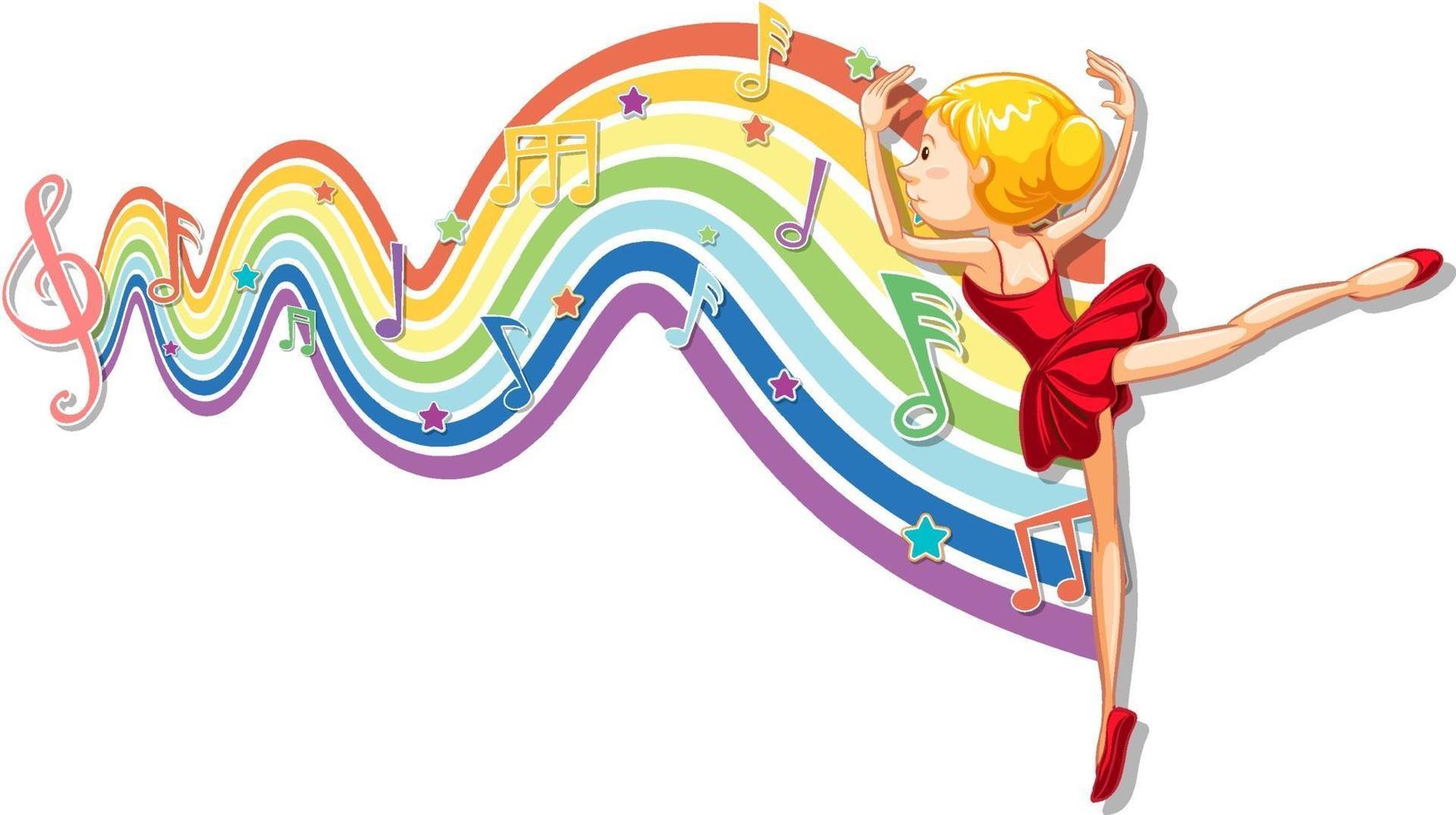 Ballerina with melody symbols on rainbow wave vector