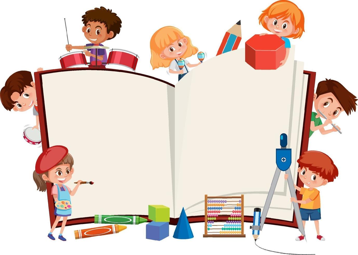 Empty opened book with school kids and stationery elements vector