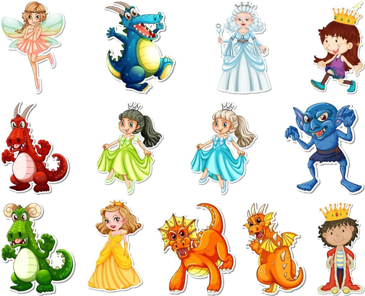 Sticker set with different fairytale cartoon characters vector