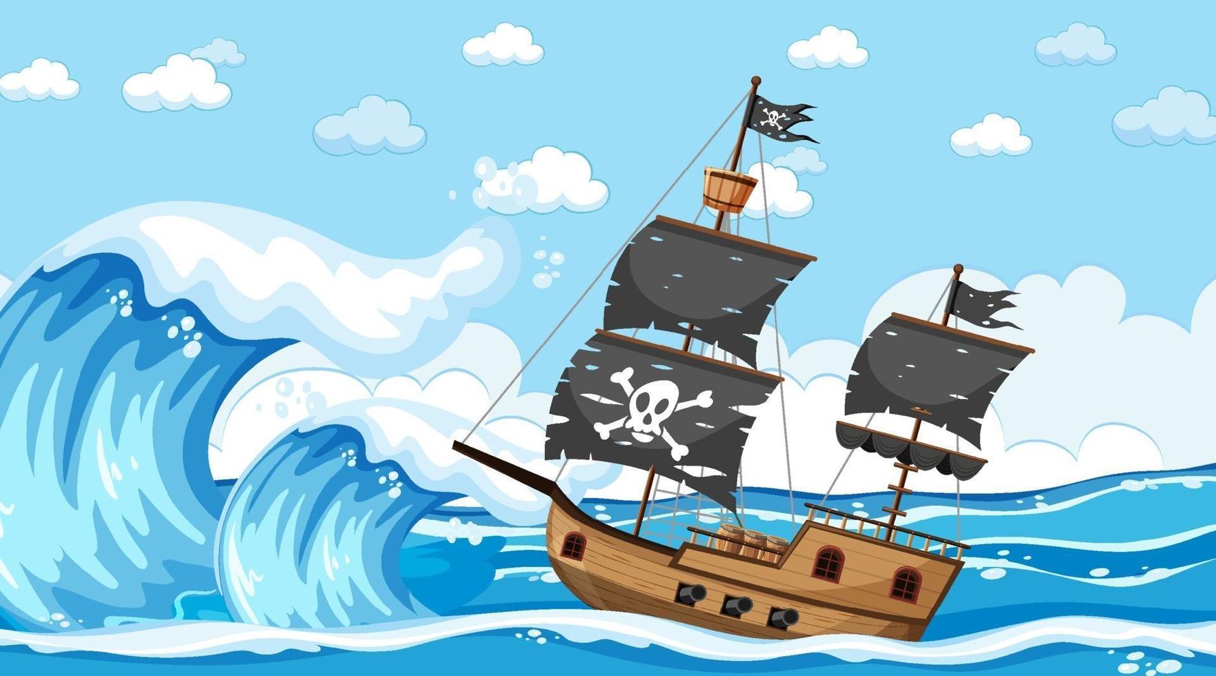 Ocean with Pirate ship at day time scene in cartoon style vector