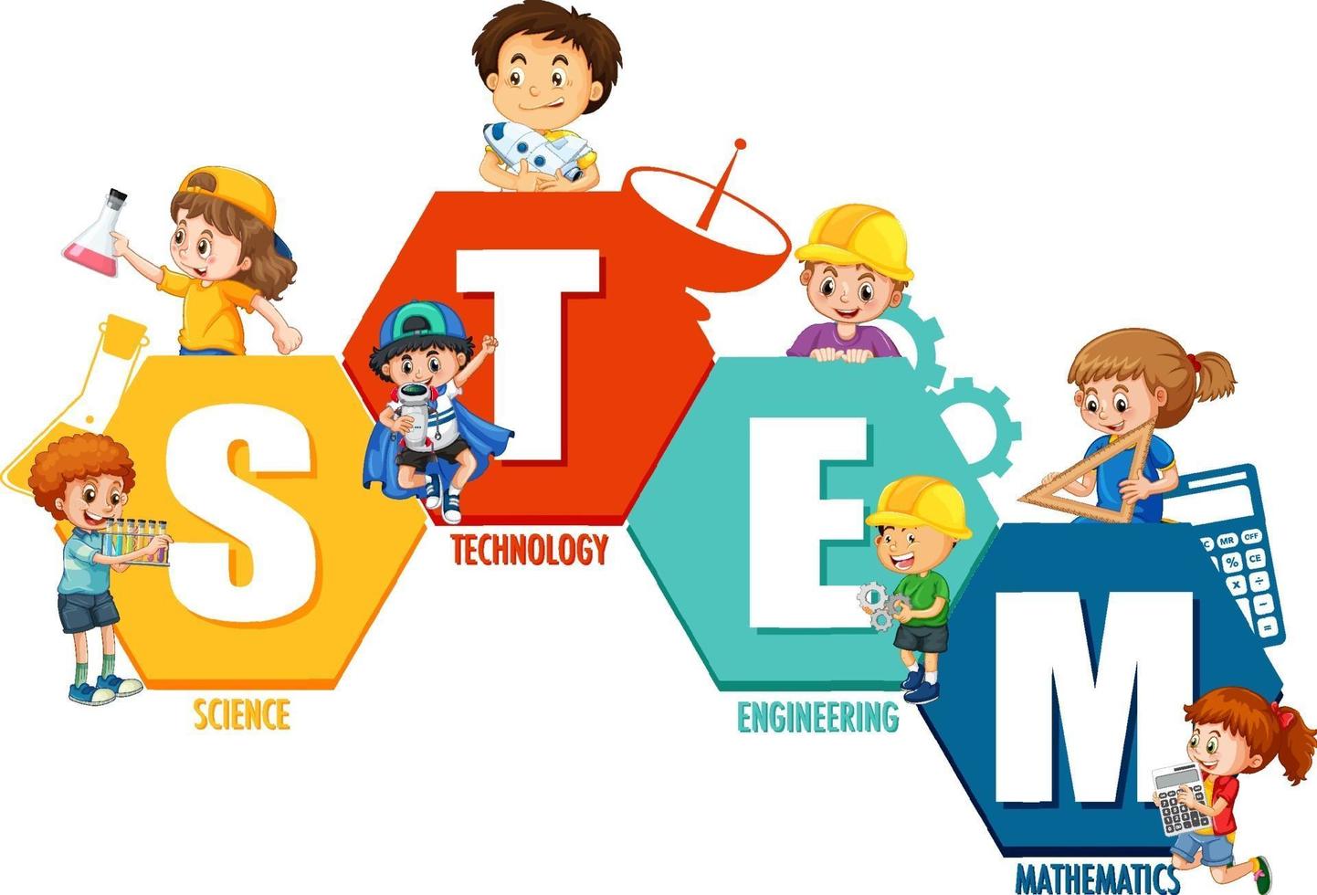 logotipo de la educación del tallo con muchos niños personajes de dibujos animados vector
