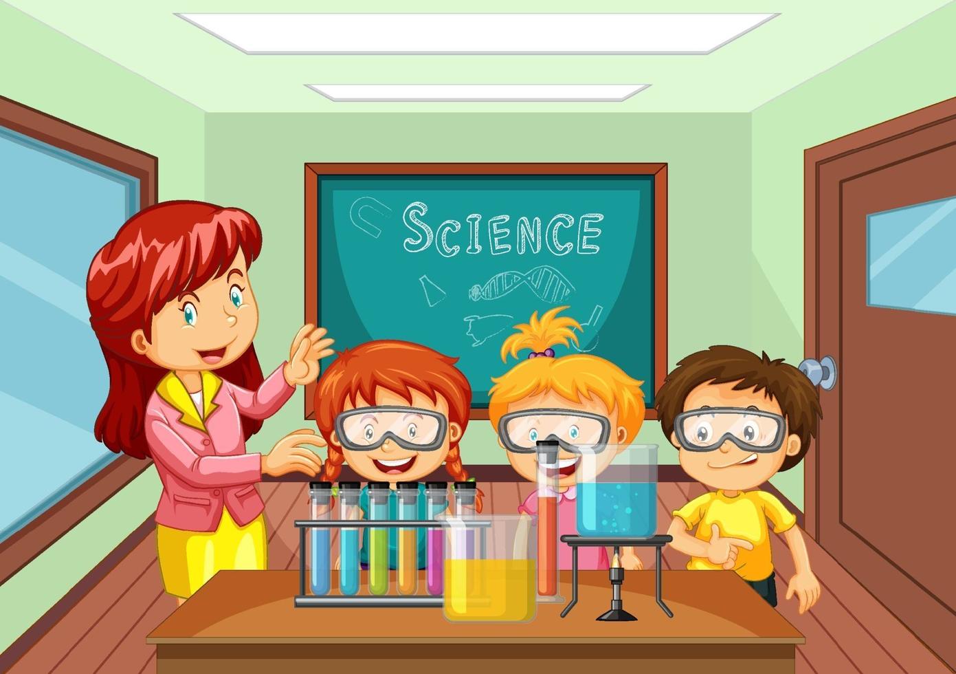 Teacher explaining science experiment to students in the classroom vector