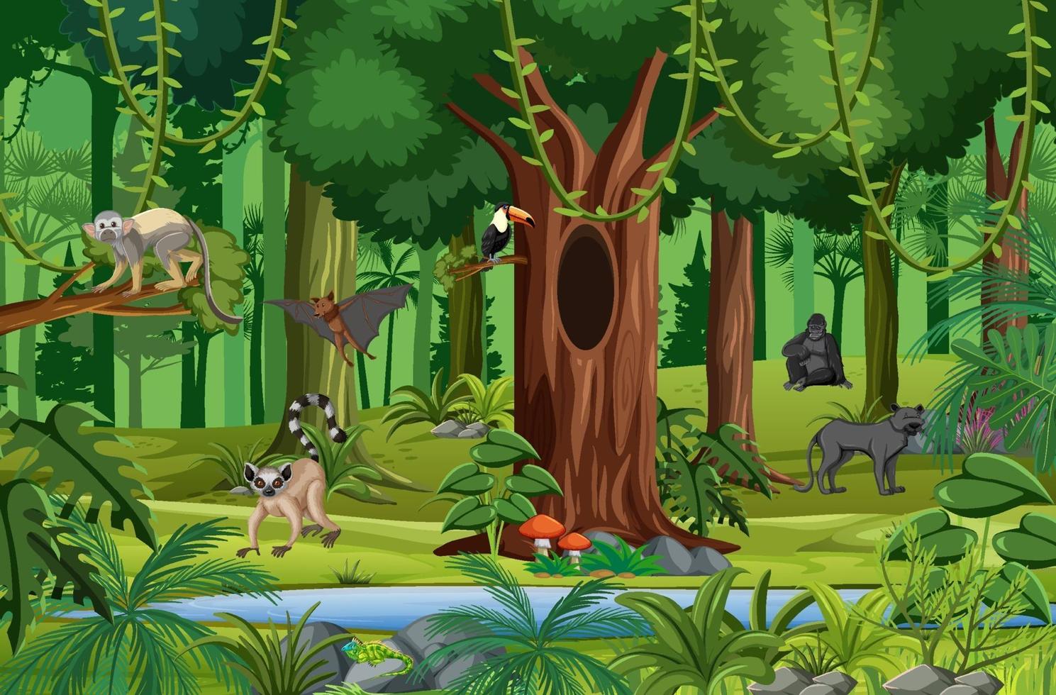 Escena de la selva tropical con varios animales salvajes. vector