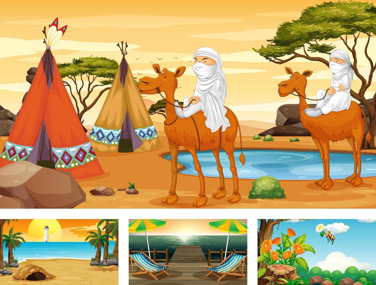 Four different nature horizontal scenes with nomads on camels vector